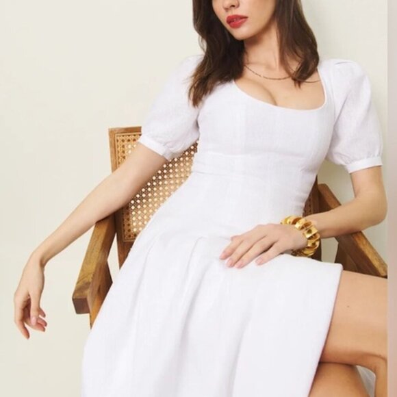NEW Reformation Coucou Midi Linen Dress Puff Sleeves White | size 2 - Picture 3 of 12